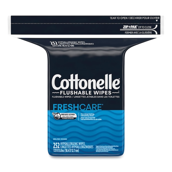 Cottonelle Flushable Wet Wipes, Zip Pack Refill, White, 5 x 7.25, 252PK - 43541
