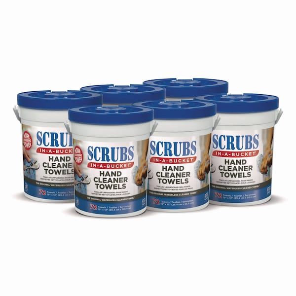 Scrubs Hand Cleaner Towels, Scrubs In-A-Bucket, 10 x 12, Blue/White, 72/Bucket, 6 PK - 42272