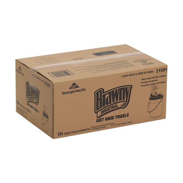 Georgia-Pacific Wet Hand Towel, Brawny, 84 Wipes/Bucket, 12 13/64 in L x 8 39/64 in W Wipe, Fresh Fragrance, 6 Pack - 21501