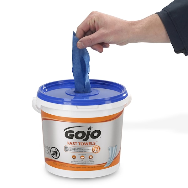 Gojo Hand and Surface Wet Towels, Bucket, 130 Wipes per Container, Citrus, Moisturizing, Blue, 4 PK - 6298-04