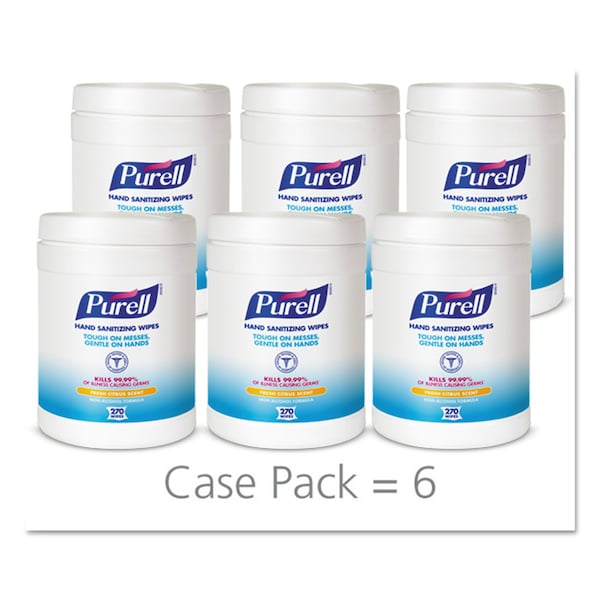 Purell Sanitizing Hand Wipes, 6 x 6 3/4, White, 270/Canister, PK6 - 9113-06