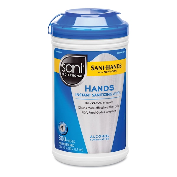 Sani Professional Hands Instant Sanitizing Wipes, 7 1/2 x 5, 300/Canister - P92084