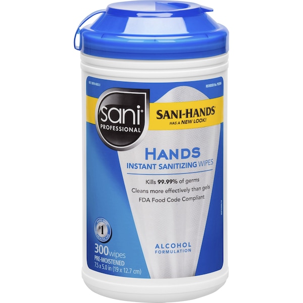 Sani Professional Hands Instant Sanitizing Wipes, 7 1/2 x 5, 300/Canister, PK6 - NIC P92084