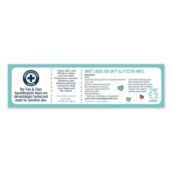 Seventh Generation Free & Clear Baby Wipes, Refill, Unscented, White, 256/PK, PK3 - SEV 34219CT