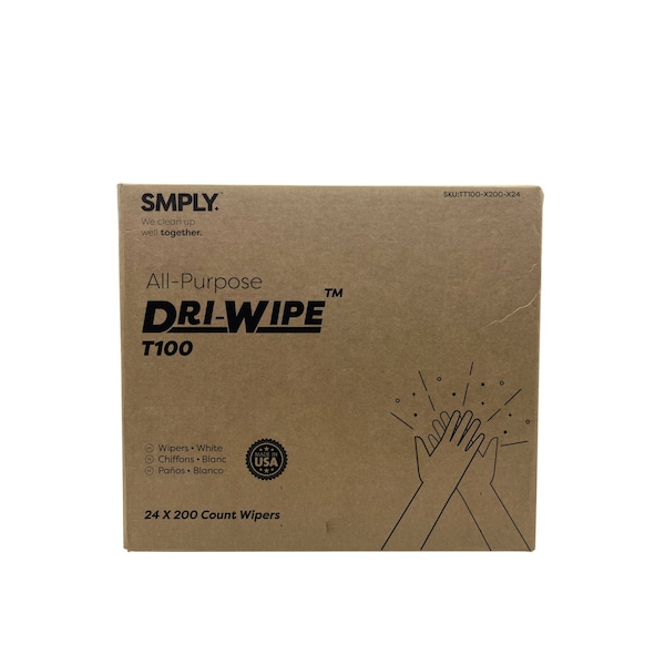 Smply Brands T100 Dri-Wipe by, Pop-Up Box Interfold - 200 Wipes per Box, 24PK - TT100-X200-X24