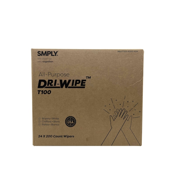 Smply Brands T100 Dri-Wipe by, Pop-Up Box Interfold - 200 Wipes per Box, 24PK - TT100-X200-X24