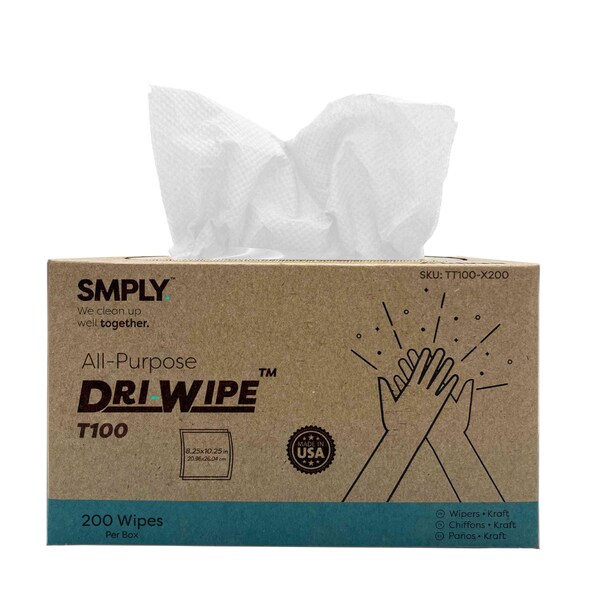 Smply Brands T100 Dri-Wipe by, Pop-Up Box Interfold - 200 Wipes per Box, 24PK - TT100-X200-X24