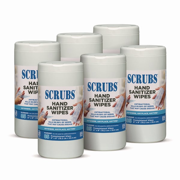 Scrubs Hand Sanitizer Wipes, 6 x 8, 85/Can, PK6 - 90985