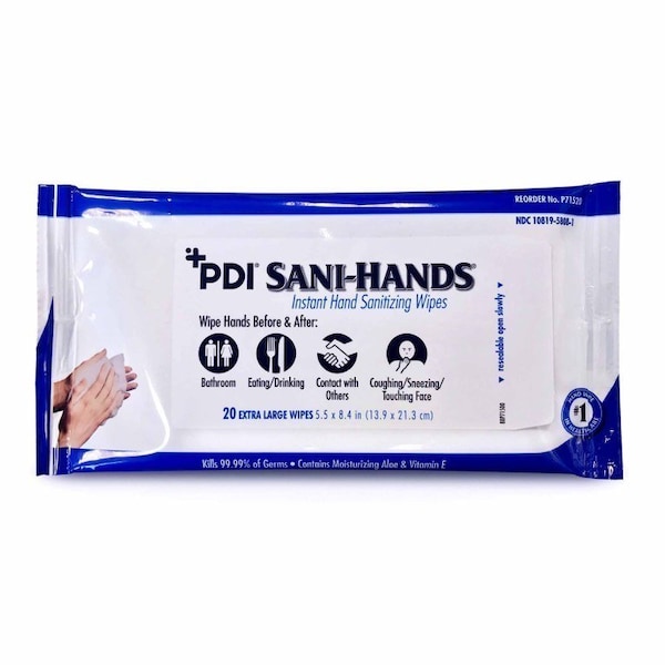 Sani-Hands Hand Sanitizing Wipes, 20 Count, Ethyl Alcohol, Soft Pack, 48PK - P71520