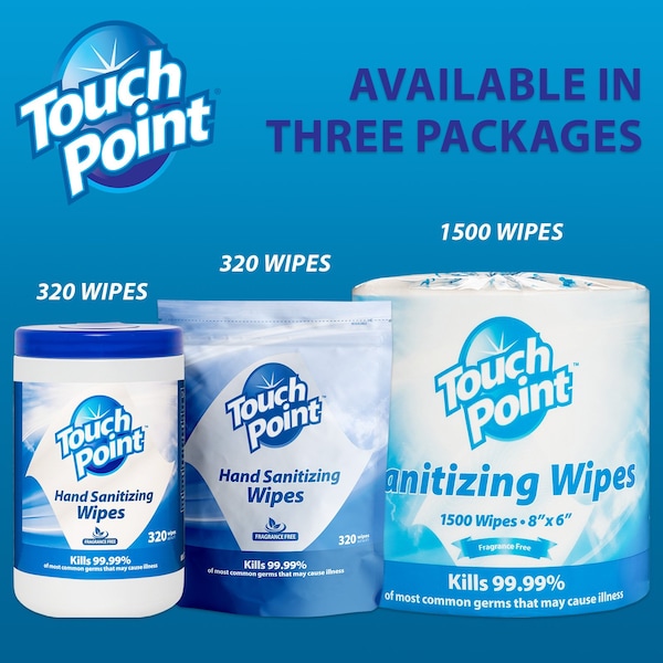 Touch Point Wipes TP Plus Sanitizing Wipes - 2 Rolls x 1500 Wipes, 8 in. x 6 in., FDA Registered, 2PK - WS1500FF