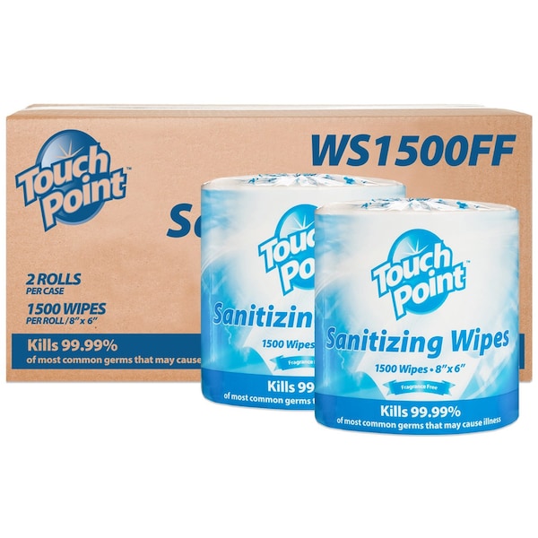 Touch Point Wipes TP Plus Sanitizing Wipes - 2 Rolls x 1500 Wipes, 8 in. x 6 in., FDA Registered, 2PK - WS1500FF