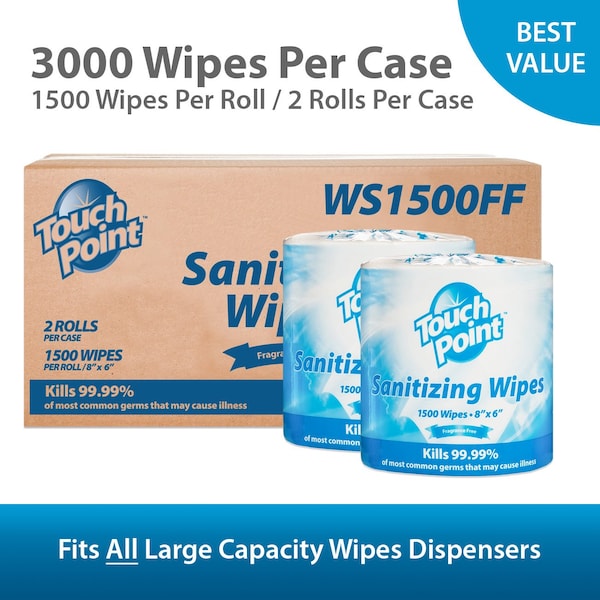 Touch Point Wipes TP Plus Sanitizing Wipes - 2 Rolls x 1500 Wipes, 8 in. x 6 in., FDA Registered, 2PK - WS1500FF