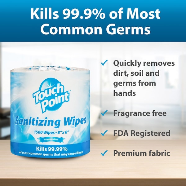 Touch Point Wipes TP Plus Sanitizing Wipes - 2 Rolls x 1500 Wipes, 8 in. x 6 in., FDA Registered, 2PK - WS1500FF