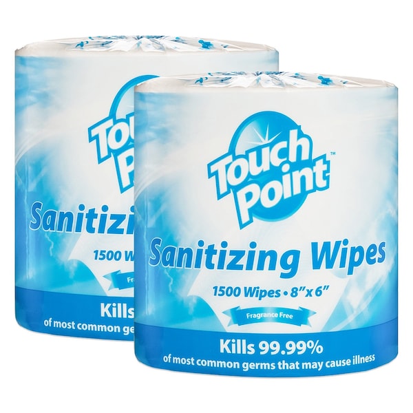 Touch Point Wipes TP Plus Sanitizing Wipes - 2 Rolls x 1500 Wipes, 8 in. x 6 in., FDA Registered, 2PK - WS1500FF