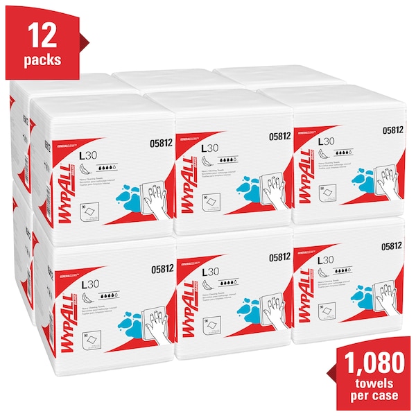 Kimberly-Clark Professional Dry Wipe, L30, 1/4 Fold, Moderate Absorbency, Good Wet Strength, White, 05812, 12 PK - 05812