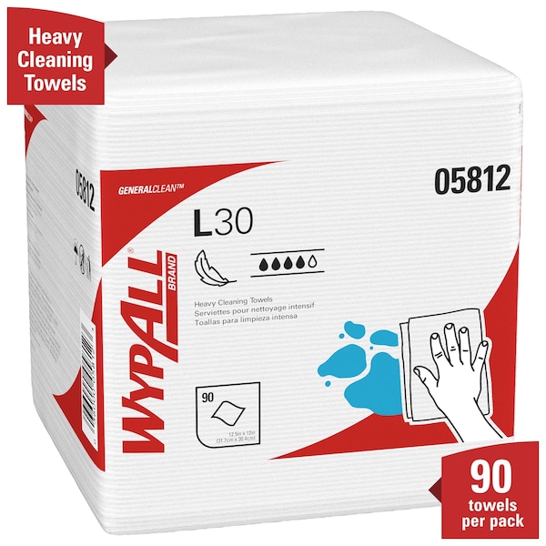 Kimberly-Clark Professional Dry Wipe, L30, 1/4 Fold, Moderate Absorbency, Good Wet Strength, White, 05812, 12 PK - 05812