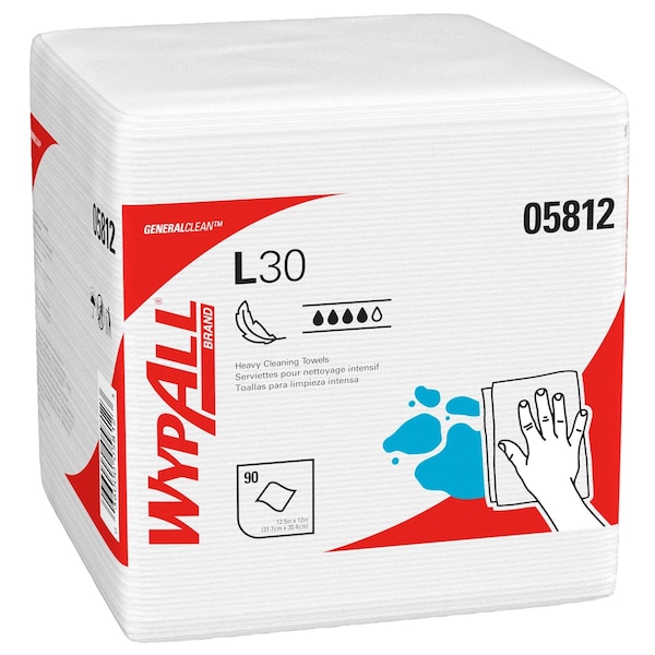 Kimberly-Clark Professional Dry Wipe, L30, 1/4 Fold, Moderate Absorbency, Good Wet Strength, White, 05812, 12 PK - 05812