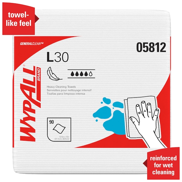 Kimberly-Clark Professional Dry Wipe, L30, 1/4 Fold, Moderate Absorbency, Good Wet Strength, White, 05812, 12 PK - 05812