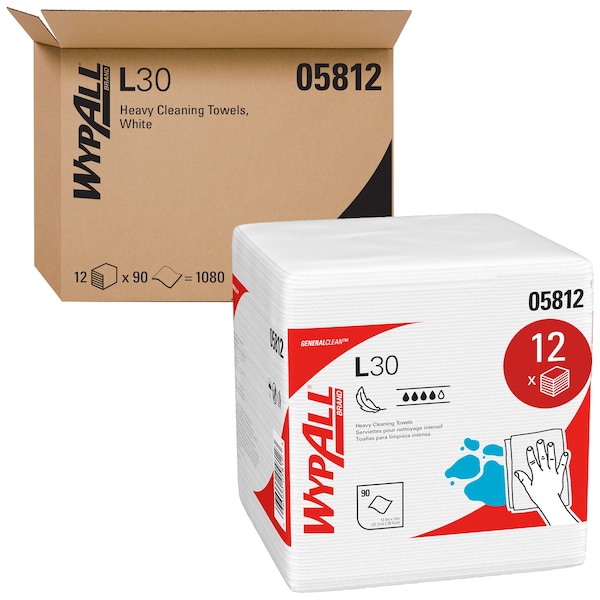 Kimberly-Clark Professional Dry Wipe, L30, 1/4 Fold, Moderate Absorbency, Good Wet Strength, White, 05812, 12 PK - 05812