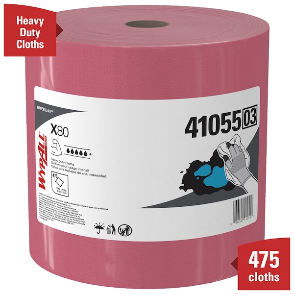 Kimberly-Clark Professional WypAll PowerClean X80 Heavy Duty Cloths (41055), Jumbo Roll, Extended Use Towels, Red - 41055