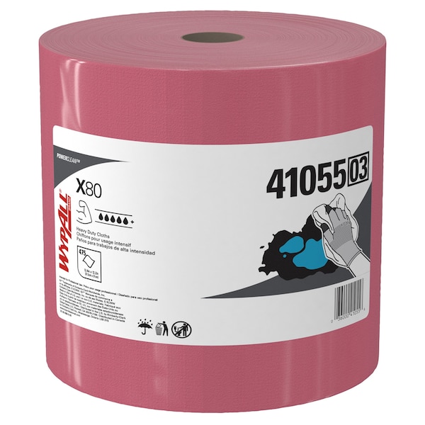Kimberly-Clark Professional WypAll PowerClean X80 Heavy Duty Cloths (41055), Jumbo Roll, Extended Use Towels, Red - 41055