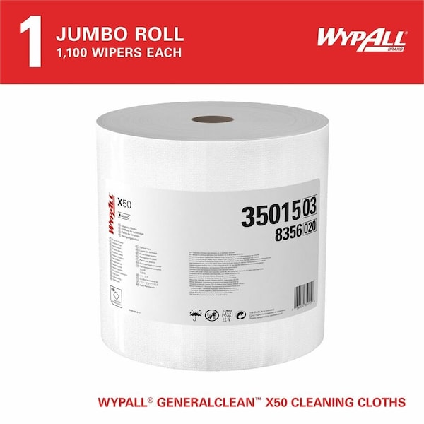 Kimberly-Clark Professional WypAll General Clean X50 Cleaning Cloths (35015), Strong For Extended Use, Jumbo Roll, White - 35015
