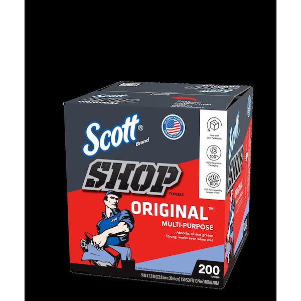 Scott Scott Shop Towels Original (75190), Blue, Pop-Up Dispenser Box, 10 in x 12 in, 200 Sheets / Box - 75190