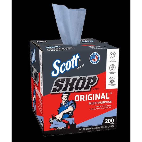 Scott Scott Shop Towels Original (75190), Blue, Pop-Up Dispenser Box, 10 in x 12 in, 200 Sheets / Box - 75190