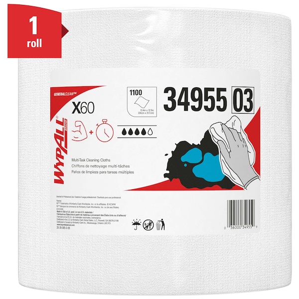 Kimberly-Clark Professional WypAll GeneralClean X60 Multi-Task Cleaning Cloths (34955), Jumbo Roll, Strong & Absorbent, White - 34955