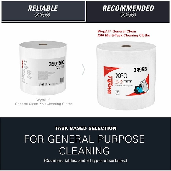 Kimberly-Clark Professional WypAll GeneralClean X60 Multi-Task Cleaning Cloths (34955), Jumbo Roll, Strong & Absorbent, White - 34955