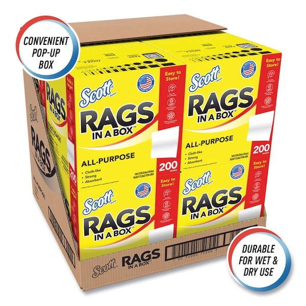 Scott Scott Rags In A Box, Disposable Rags, Rinse & Reuse, Pop-Up Box, White, 200 Shop Towels/Box, 1600 PK - KCC 75260