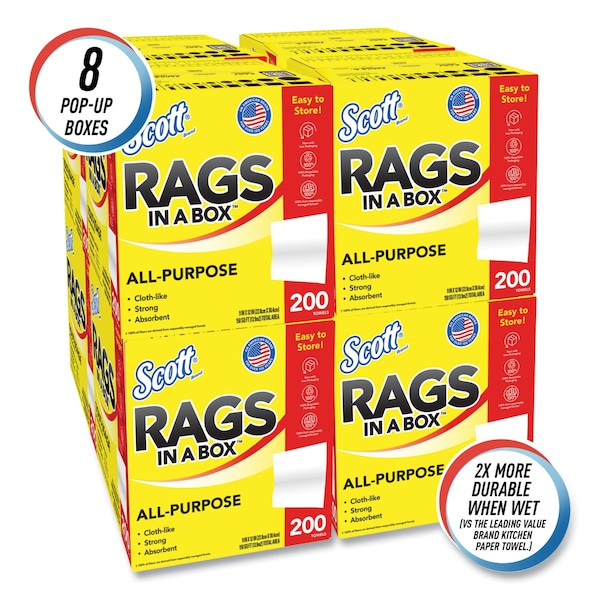 Scott Scott Rags In A Box, Disposable Rags, Rinse & Reuse, Pop-Up Box, White, 200 Shop Towels/Box, 1600 PK - KCC 75260