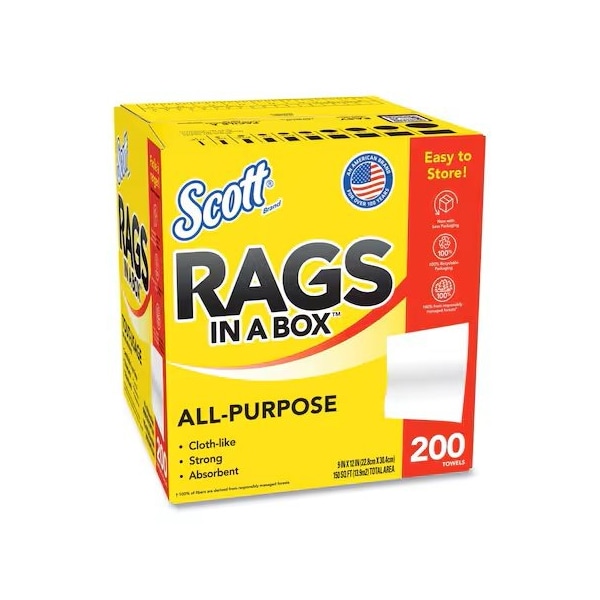 Scott Scott Rags In A Box, Disposable Rags, Rinse & Reuse, Pop-Up Box, White, 200 Shop Towels/Box, 1600 PK - KCC 75260