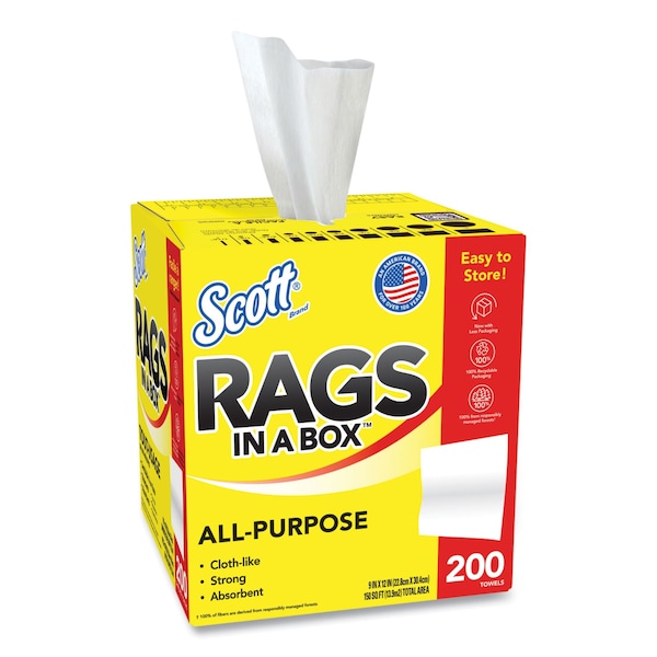 Scott Scott Rags In A Box, Disposable Rags, Rinse & Reuse, Pop-Up Box, White, 200 Shop Towels/Box, 1600 PK - KCC 75260