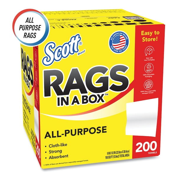 Scott Scott Rags In A Box, Disposable Rags, Rinse & Reuse, Pop-Up Box, White, 200 Shop Towels/Box, 1600 PK - KCC 75260
