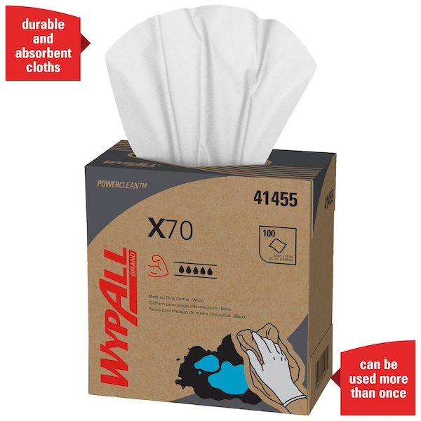 Kimberly-Clark Professional WypAll X70 Extended Use Reusable Cloths (41455), POP-UP Box, White, 100 sheets/Pck - 41455