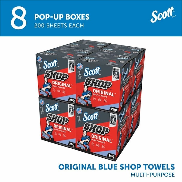 Kimberly-Clark Professional Scott Shop Towels Original (75190), Blue, Pop-Up Dispenser Box (200 Towels/Box, 8 Boxes/Case) - 75190
