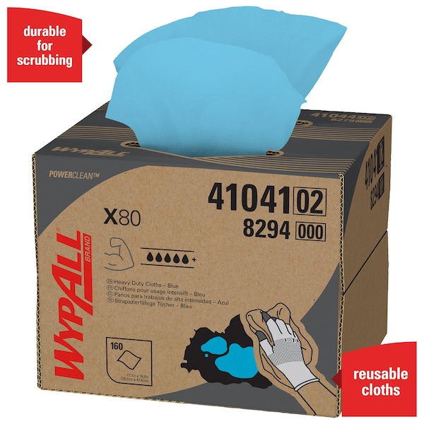 Kimberly-Clark Professional WypAll PowerClean X80 Heavy Duty Cloths (41041), Brag Box, Extended Use Towels, Blue - 41041