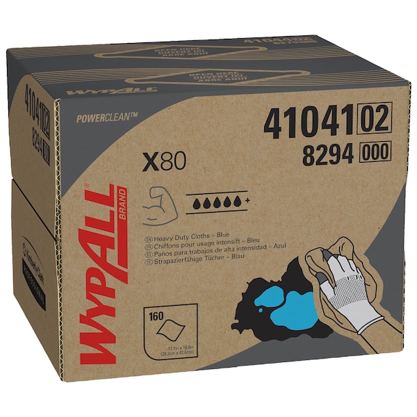 Kimberly-Clark Professional WypAll PowerClean X80 Heavy Duty Cloths (41041), Brag Box, Extended Use Towels, Blue - 41041