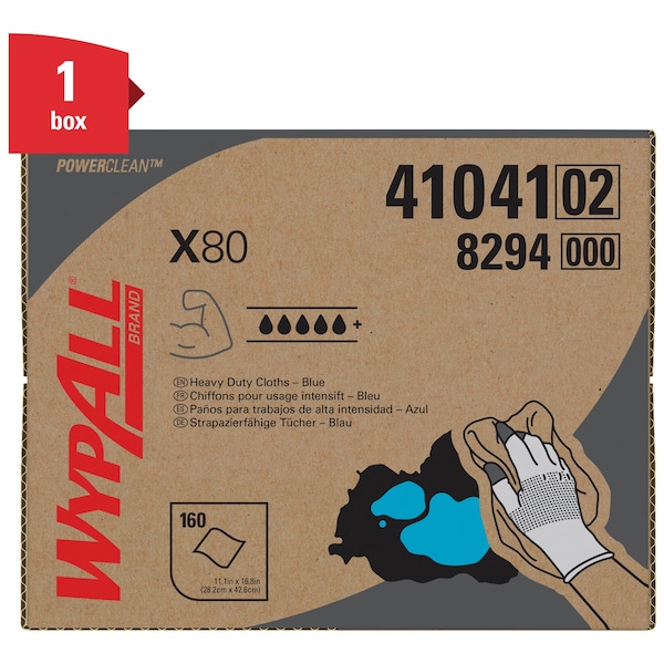 Kimberly-Clark Professional WypAll PowerClean X80 Heavy Duty Cloths (41041), Brag Box, Extended Use Towels, Blue - 41041