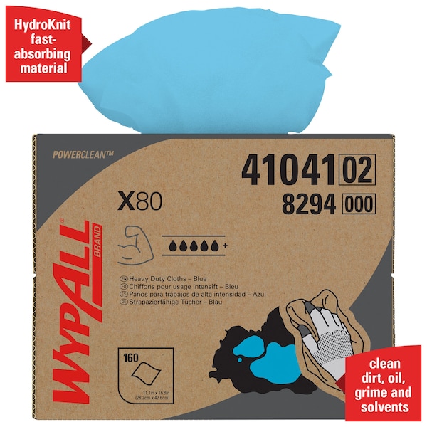 Kimberly-Clark Professional WypAll PowerClean X80 Heavy Duty Cloths (41041), Brag Box, Extended Use Towels, Blue - 41041