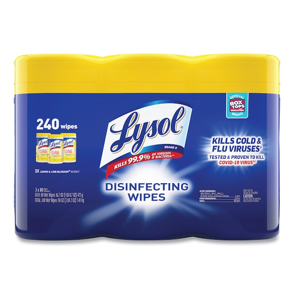 Lysol Disinfecting Wipes, 80 Wipe Canister, 7x8 in Wipes, Nonwoven Fiber, Lemon & Lime Blossom, 6 Pack - REC 84251
