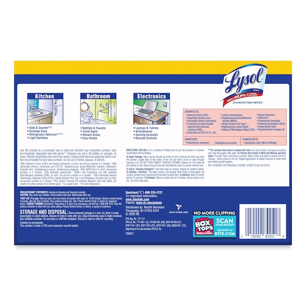 Lysol Disinfecting Wipes, 80 Wipe Canister, 7x8 in Wipes, Nonwoven Fiber, Lemon & Lime Blossom, 6 Pack - REC 84251