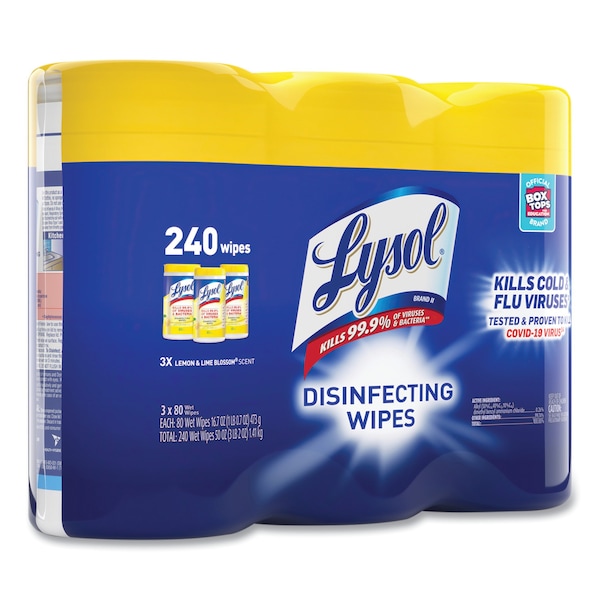 Lysol Disinfecting Wipes, 80 Wipe Canister, 7x8 in Wipes, Nonwoven Fiber, Lemon & Lime Blossom, 6 Pack - REC 84251