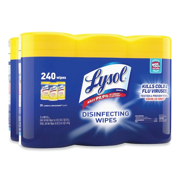 Lysol Disinfecting Wipes, 80 Wipe Canister, 7x8 in Wipes, Nonwoven Fiber, Lemon & Lime Blossom, 6 Pack - REC 84251