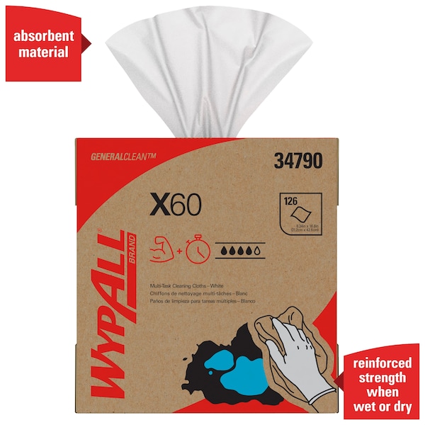Kimberly-Clark Professional Wypall GeneralClean X60 Multi-Task Cleaning Cloths, 34790, Pop-Up Box, White - 34790