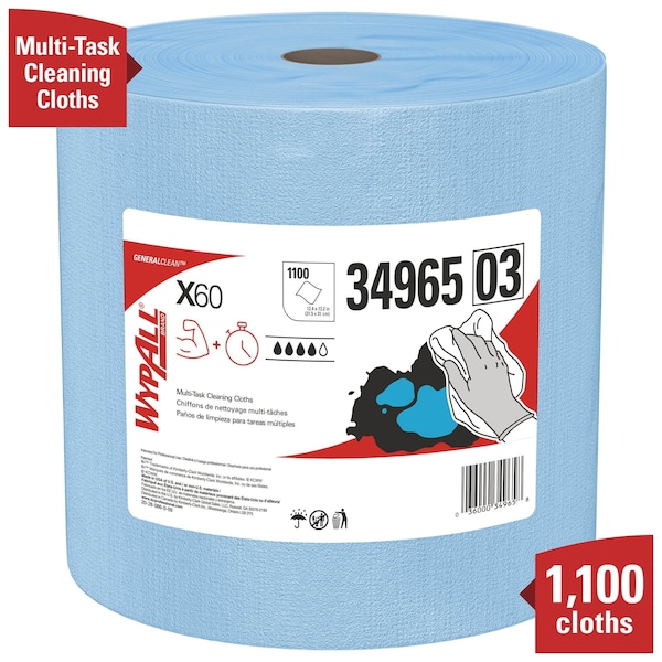 Kimberly-Clark Professional WypAll GeneralClean X60 Multi-Task Cleaning Cloths (34965), Jumbo Roll, Strong & Absorbent, Blue - 34965