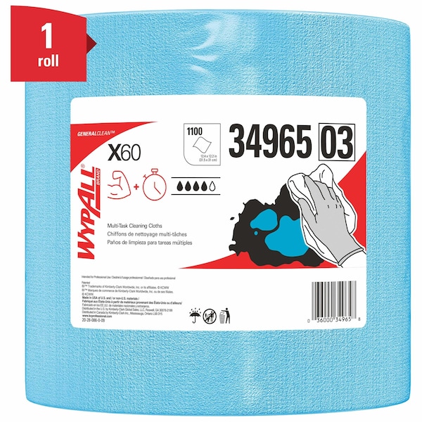 Kimberly-Clark Professional WypAll GeneralClean X60 Multi-Task Cleaning Cloths (34965), Jumbo Roll, Strong & Absorbent, Blue - 34965