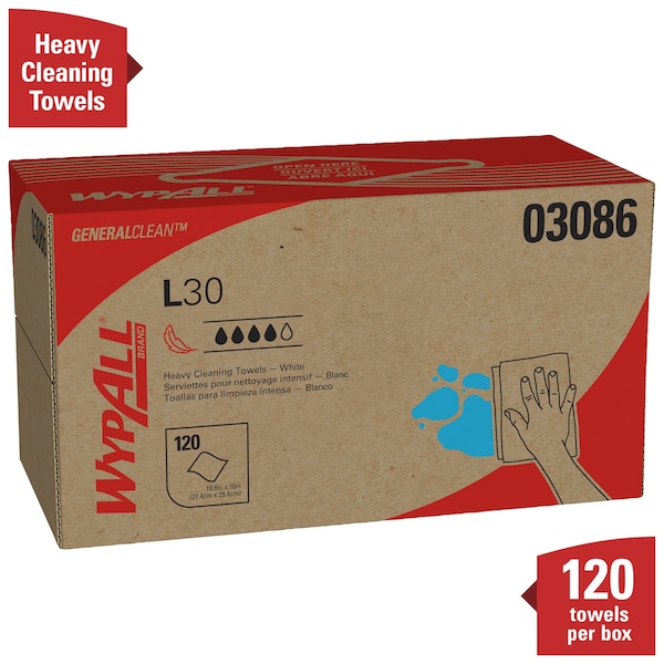 Kimberly-Clark Professional WypAll General Clean L30 Heavy Cleaning Towels (03086), Strong & Soft Wipes, Pop-UP Box, White, 10 - 03086