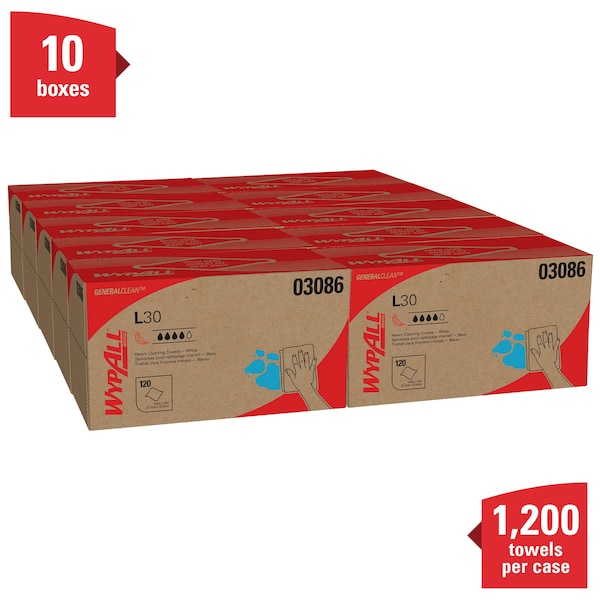Kimberly-Clark Professional WypAll General Clean L30 Heavy Cleaning Towels (03086), Strong & Soft Wipes, Pop-UP Box, White, 10 - 03086